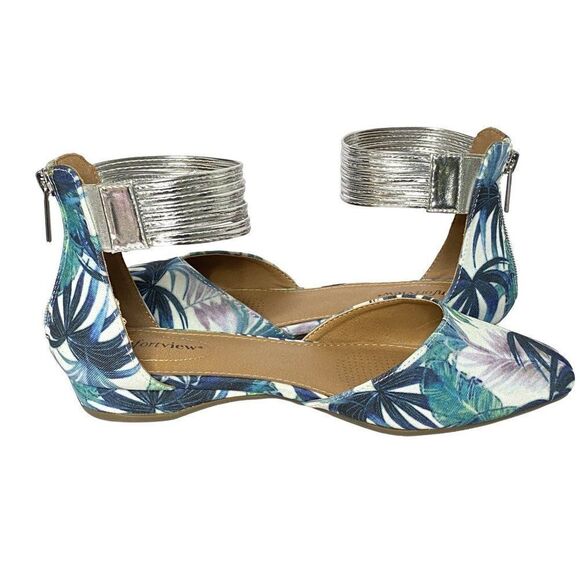 Comfortview Aylin Leaf Print Canvas Flats Sz 7.5M Silver Elastic Ankle Wrap NEW - Picture 2 of 8